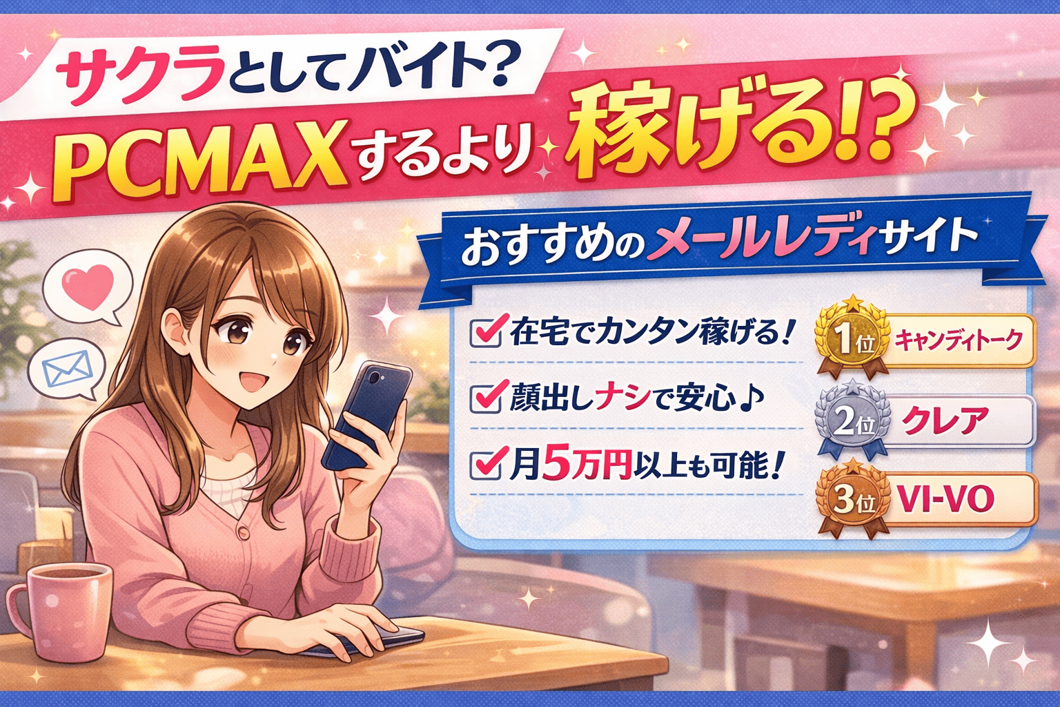 サクラとして在宅バイト？PCMAXするより稼げるおすすめのメールレディサイトを紹介